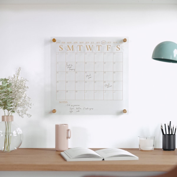 Martha Stewart Grayson Acrylic Dry Erase Wall Calendar w/Dry Erase Mrkr and Mntng Hrdwr, 14in. Sq, Clr w/Gld Prnt BR-AC-3636-GD-CLRGLD-MS - main